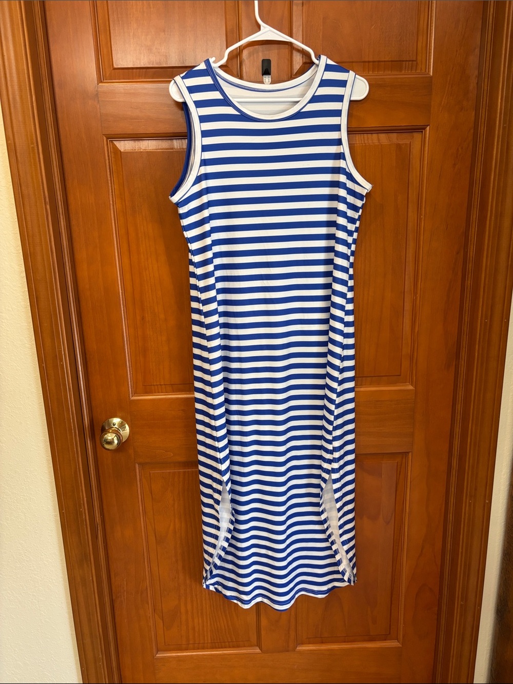 Blue and White Striped Sleeveless Midi Dress